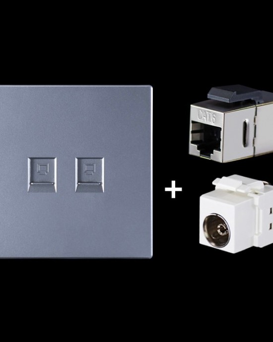 CAT 6 Shielded Pass  through Network Module  Dual Ports Panel   Shielded Pass  through   TV Socket  Grey